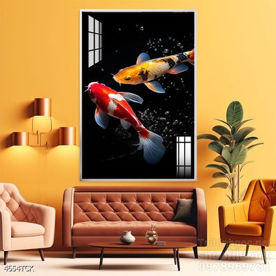 Mẫu tranh decor tường cá chép hoa sen