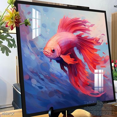 Tranh decor tường phòng khách cá chép hoa sen