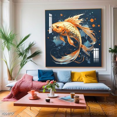 Tranh trang trí phòng khách cá chép hoa sen