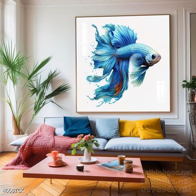 Tranh decor tường phòng khách cá chép hoa sen