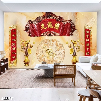 Tranh thờ thư pháp và bình hoa sen mạ vàng in uv