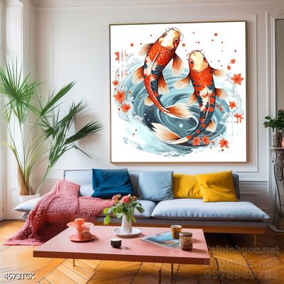 Tranh trang trí phòng khách cá chép hoa sen