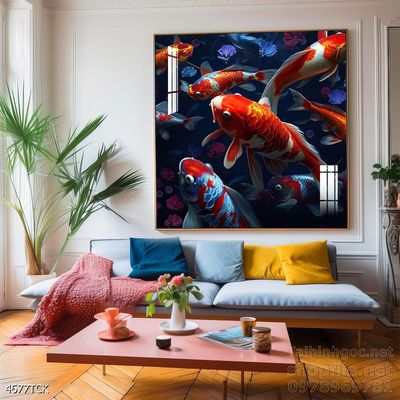 Tranh decor tường phòng khách cá chép hoa sen
