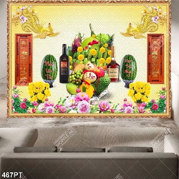 Tranh bàn thờ mâm ngũ quả và hoa cúc