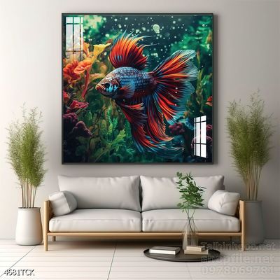 Tranh trang trí phòng khách cá chép hoa sen