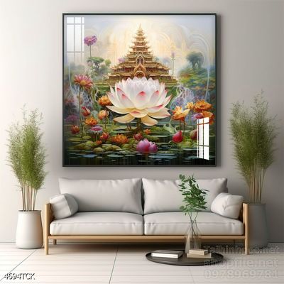 Tranh decor tường phòng khách cá chép hoa sen