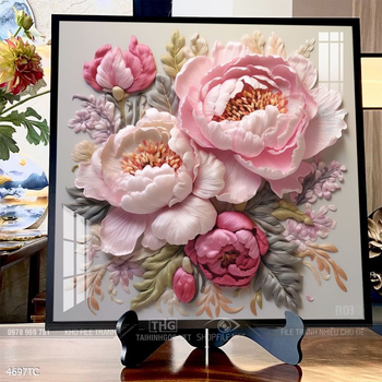 Tranh phòng khách chim công và hoa mẫu đơn treo tường