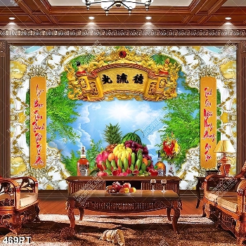 Tranh bàn thờ mâm ngũ quả và thư pháp chất lượng cao