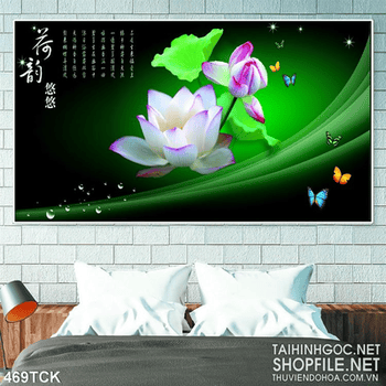 Tranh hoa sen, cá chép thư pháp phong thủy