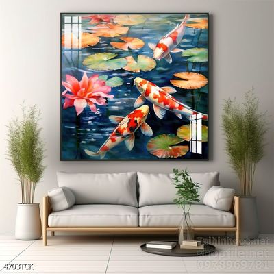 Tranh decor tường phòng khách cá chép hoa sen