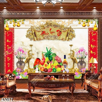 Tranh thờ chim hạc vàng bên mâm ngũ quả và hoa sen in kính