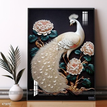 Tranh treo tường phong thủy chim công và hoa mẫu đơn