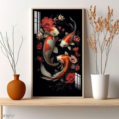 Tranh decor tường phòng khách cá chép hoa sen