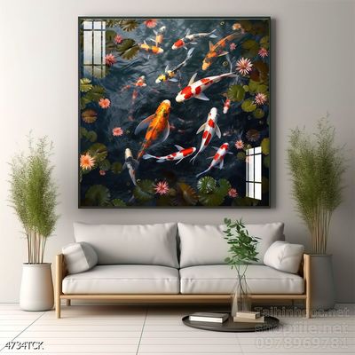 Tranh trang trí phòng khách cá chép hoa sen