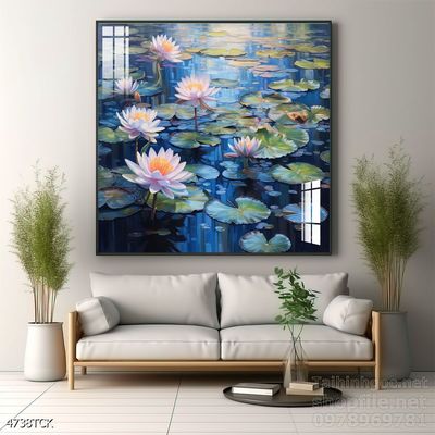 Tranh decor tường phòng khách cá chép hoa sen