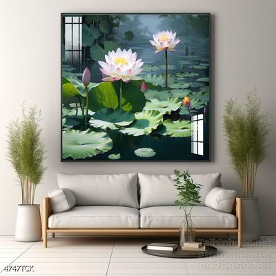 Tranh decor tường phòng khách cá chép hoa sen