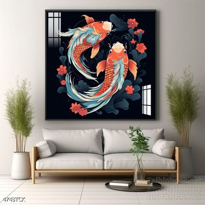Tranh cá chép hoa sen nghệ thuật hiện đại