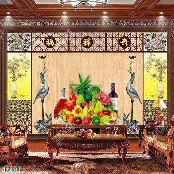 Tranh bàn thờ chim hạc 3d và mâm ngũ quả