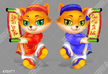 Tranh hai chú mèo cầm câu đối trang trí tết Quý mão 2023