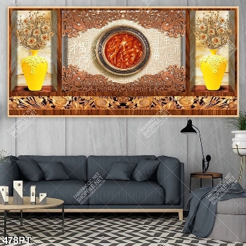 Tranh gắn tường điêu khắc gõ và bình hoa gốm khổ ngang