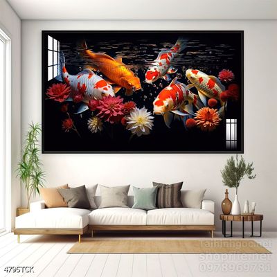 Mẫu tranh decor tường cá chép hoa sen
