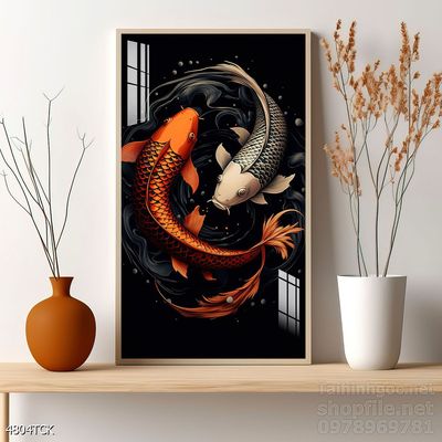 Mẫu tranh decor tường cá chép hoa sen