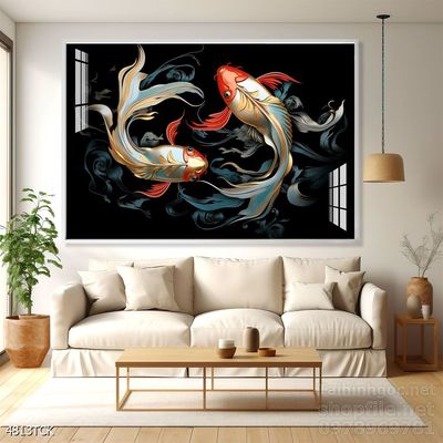 Mẫu tranh decor tường cá chép hoa sen