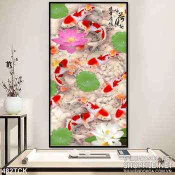 Tranh hoa sen, cá chép quần tụ phong thủy