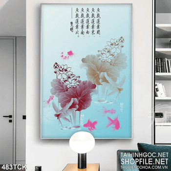 Tranh hoa sen, cá chép thư pháp nghệ thuật