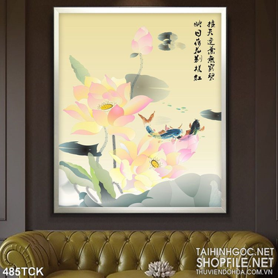 Tranh hoa sen, cá chép thư pháp đẹp