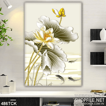 Tranh hoa sen, cá chép in gạch