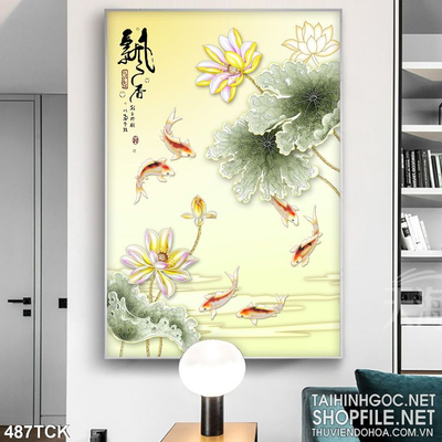 Tranh hoa sen, cá chép thư pháp nghệ thuật