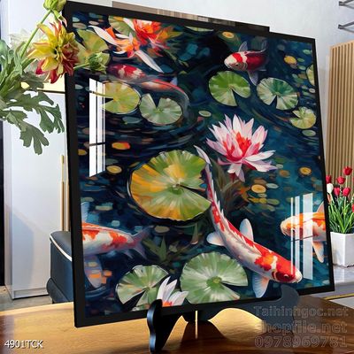 Mẫu tranh decor tường cá chép hoa sen