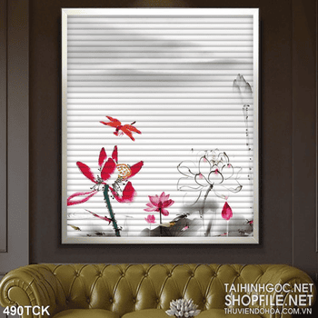 Tranh hoa sen, cá chép thư pháp in gạch