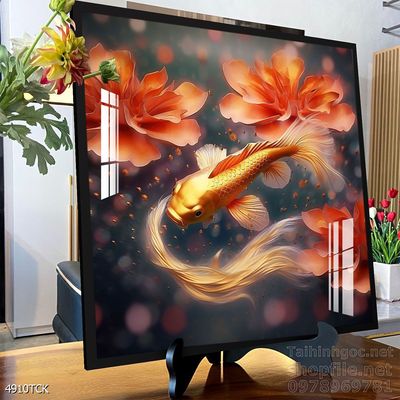 Mẫu tranh decor tường cá chép hoa sen