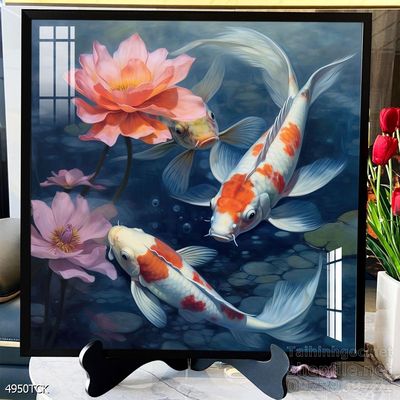Tranh decor tường phòng khách cá chép hoa sen