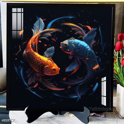 Tranh decor tường phòng khách cá chép hoa sen