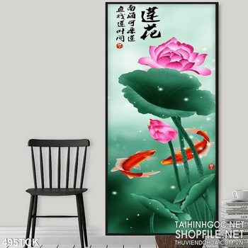 Tranh hoa sen, cá chép thư pháp treo tường