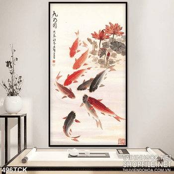 Tranh hoa sen, cá chép màu nước