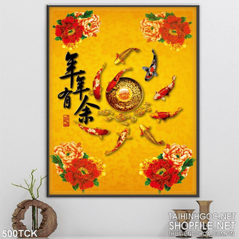 Tranh hoa sen, cá chép quần tụ kim tiền