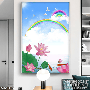 Tranh hoa sen, cá chép và cầu vồng