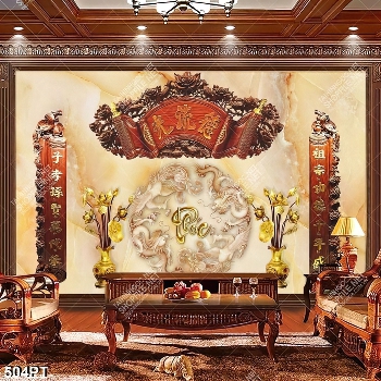 Tranh thờ treo tường bình hoa vàng và thư pháp