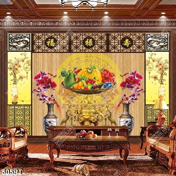 Tranh bàn thờ chim hạc mâm ngũ quả psd