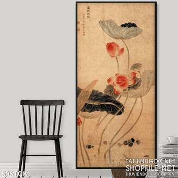 Tranh hoa sen, cá chép thư pháp dán tường