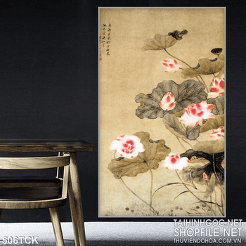 Tranh hoa sen, cá chép thư pháp