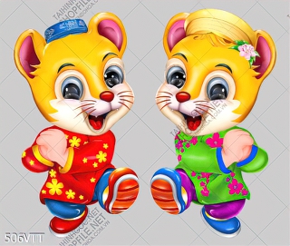 Tranh cặp mèo mặc áo dài hoa đón tết