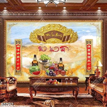 Tranh bàn thờ mâm ngũ quả và thư pháp nền giả ngọc