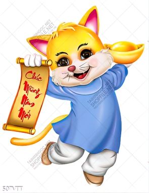 File tranh psd mèo vàng cười rạng rỡ đón xuân mới