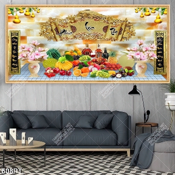 Tranh bàn thờ mâm hoa quả nền đá giả ngọc in kính