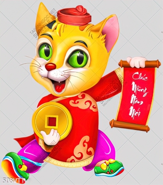 Tranh file gốc mèo vàng mặc áo dài đỏ chúc mừng năm mới